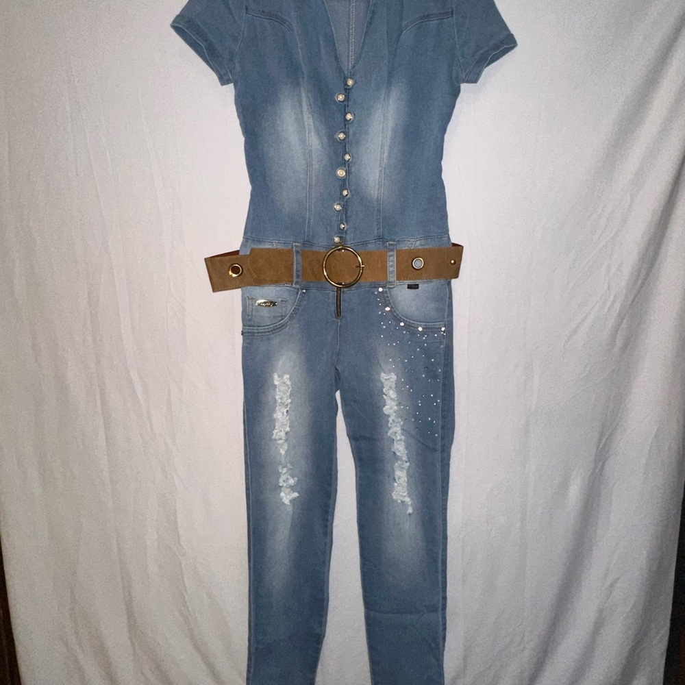Stylish Blue Denim Jumpsuit with Brown Belt